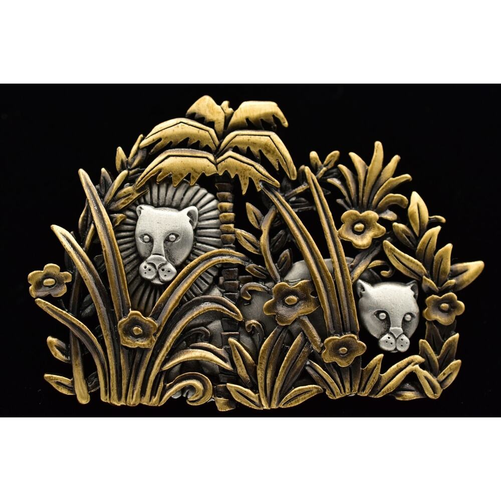 JJ Vintage Jungle Lion Pin Brooch Chunky Pewter Brass Chunky Rare Signed 80s 9B